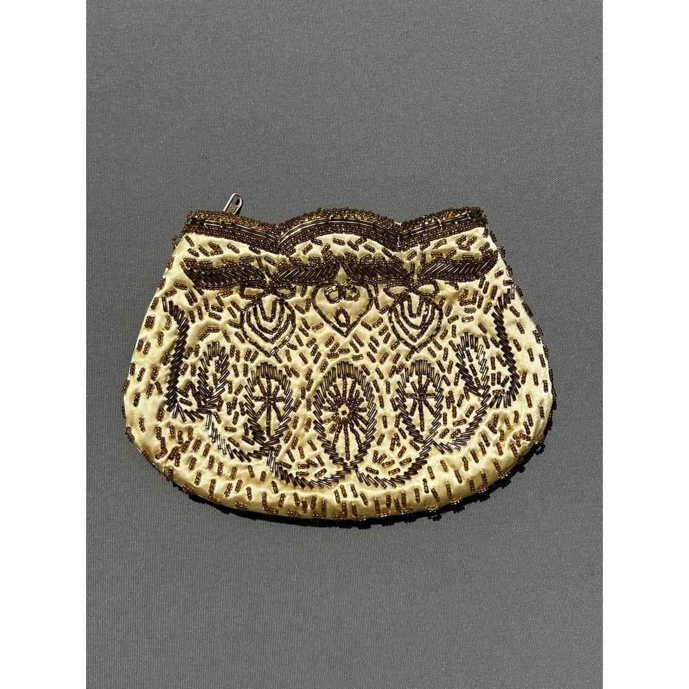 Vintage Yellow Satin Hand Beaded Silver And Gold Tone Purse Clutch Bag